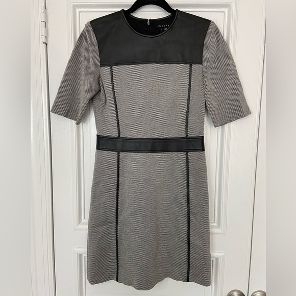 Theory Leather Black White Pattern Knit Calvino Elmore Sheath Dress Office Small - Picture 4 of 13